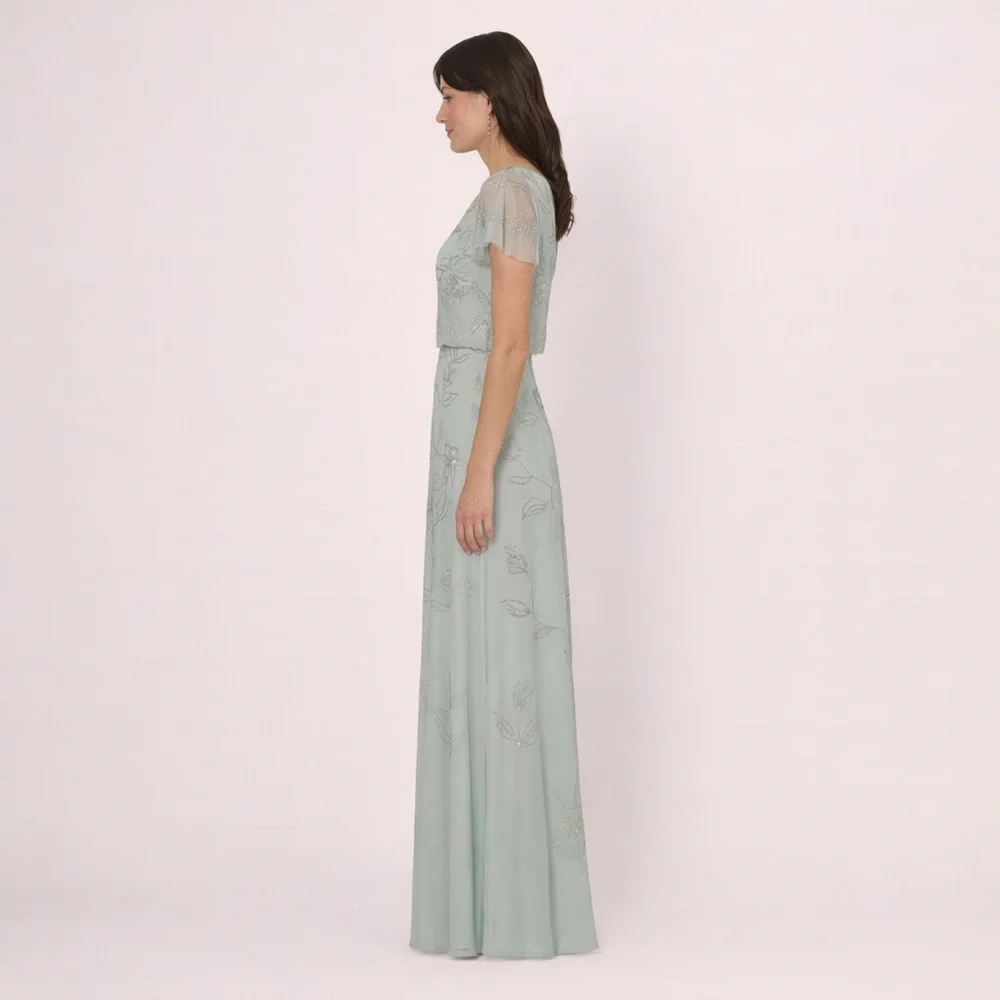 Adrianna Papell Sage Green Beaded Floral Maxi Gown Size 12 NWT GALA MOB Formal